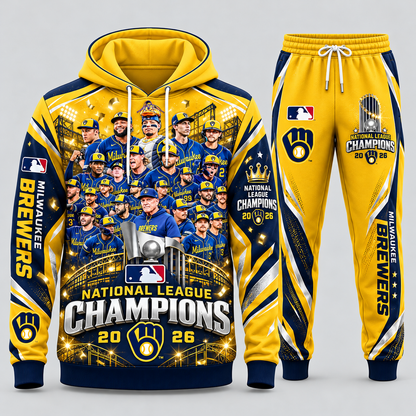 Milwaukee Brewers 2026 National League Champions Graphic Hoodie and Sweatpants Tracksuit Set — Style 03 Radiant Gold Edition