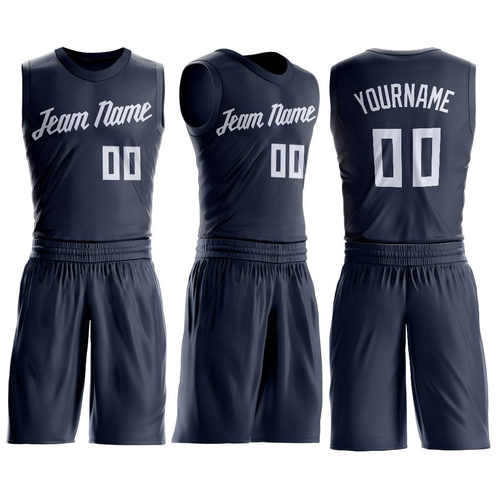 Custom Navy White Round Neck Basketball Uniform Jersey