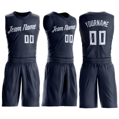 Custom Navy White Round Neck Basketball Uniform Jersey