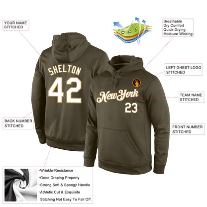 Custom Stitched Olive White-Old Gold Sports Pullover Sweatshirt Salute To Service Hoodie