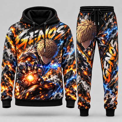 One-Punch Man Genos Demon Cyborg Incineration Blast Graphic Tracksuit Set with Fiery Orange Core Blast Pullover Hoodie and Coordinated Joggers HBLA8