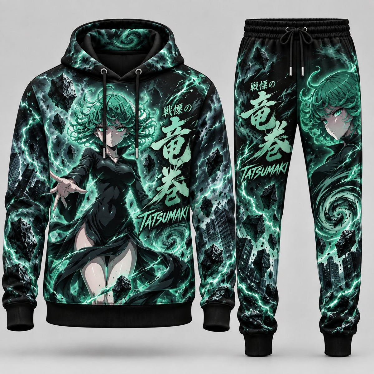 One-Punch Man Tatsumaki Tornado of Terror S-Class Rank 2 Esper Tracksuit Set with Emerald Lightning Storm Graphic Fleece Hoodie and Joggers HBLA8