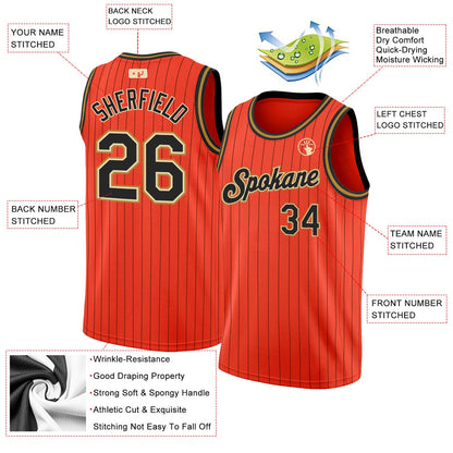Custom Orange Black Pinstripe Black-Old Gold Authentic Basketball Jersey