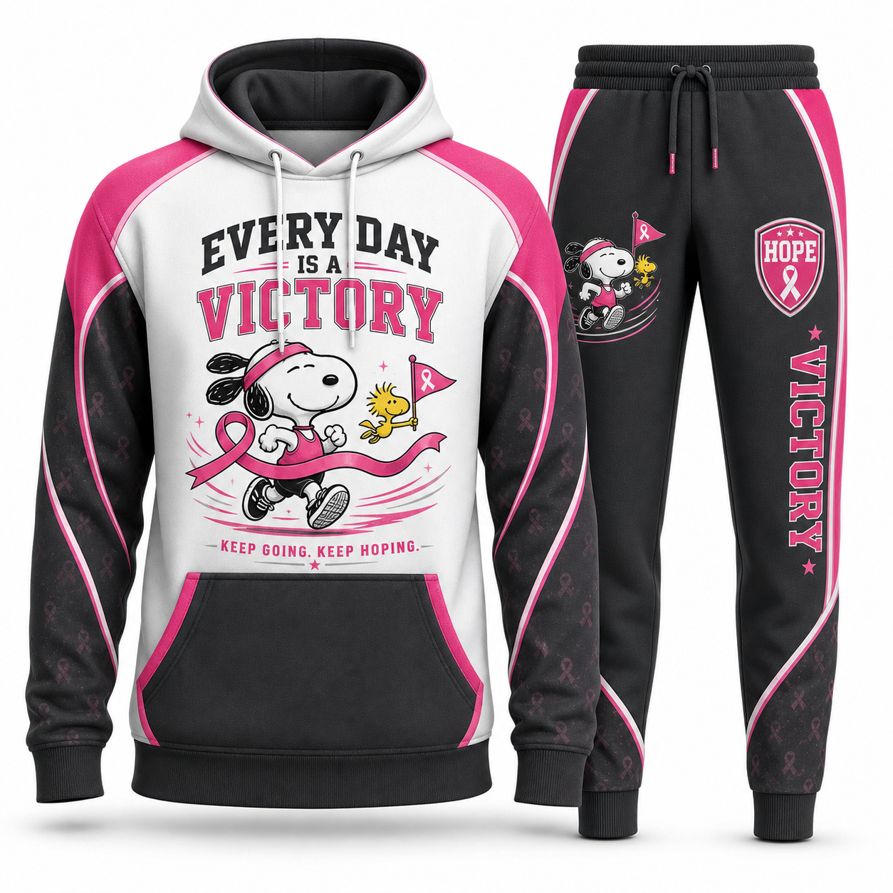 Snoopy breast cancer awareness hoodie and sweatpants set - Every Day Is a Victory
