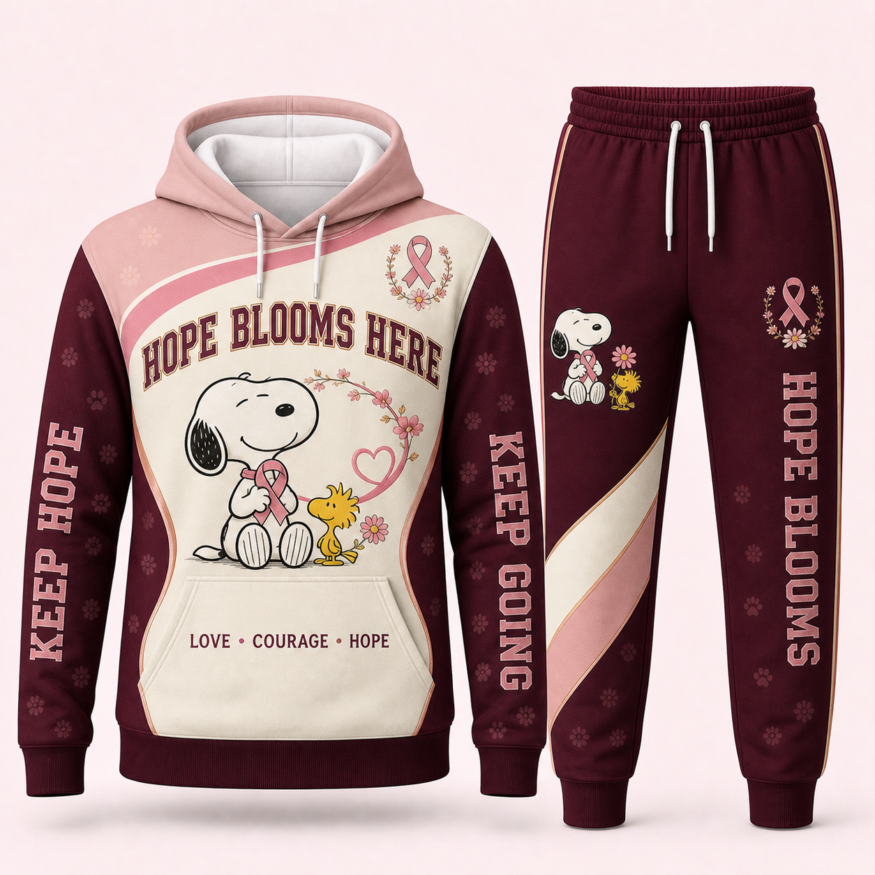 Snoopy breast cancer awareness hoodie and sweatpants set - Hope Blooms Here