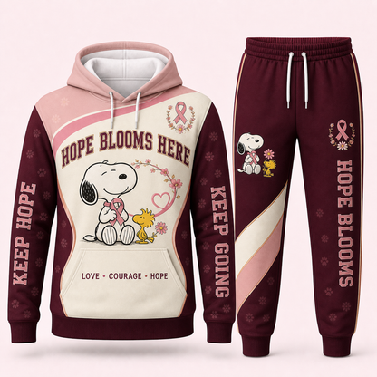 Snoopy breast cancer awareness hoodie and sweatpants set - Hope Blooms Here