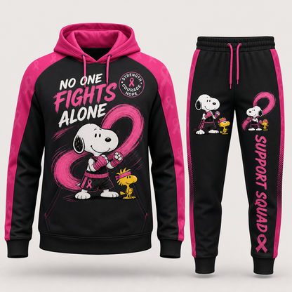 Snoopy breast cancer awareness hoodie and sweatpants set - No One Fights Alone