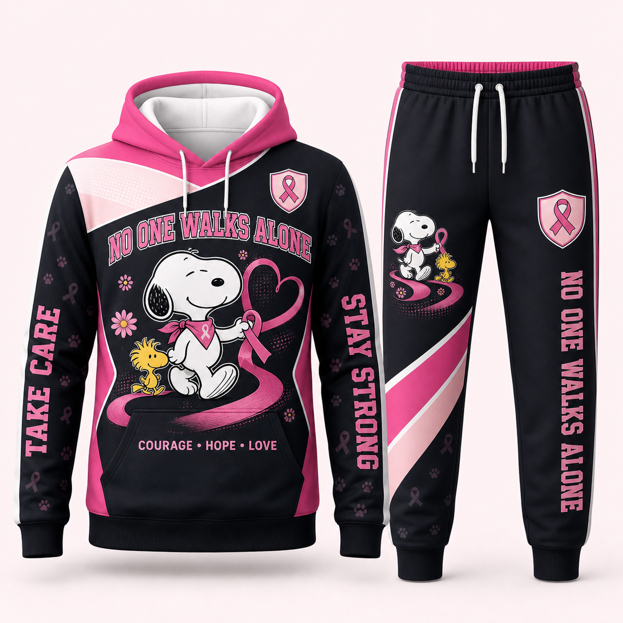 Snoopy breast cancer awareness hoodie and sweatpants set - No One Walks Alone