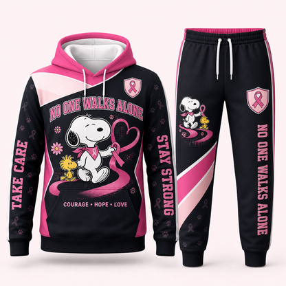 Snoopy breast cancer awareness hoodie and sweatpants set - No One Walks Alone