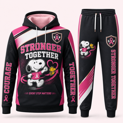 Snoopy breast cancer awareness hoodie and sweatpants set - Stronger Together