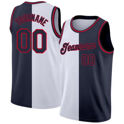 Custom White Navy-Red Authentic Split Fashion Basketball Jersey