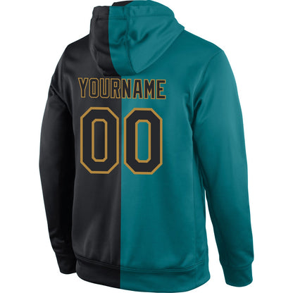 Custom Stitched Aqua Black-Old Gold Split Fashion Sports Pullover Sweatshirt Hoodie