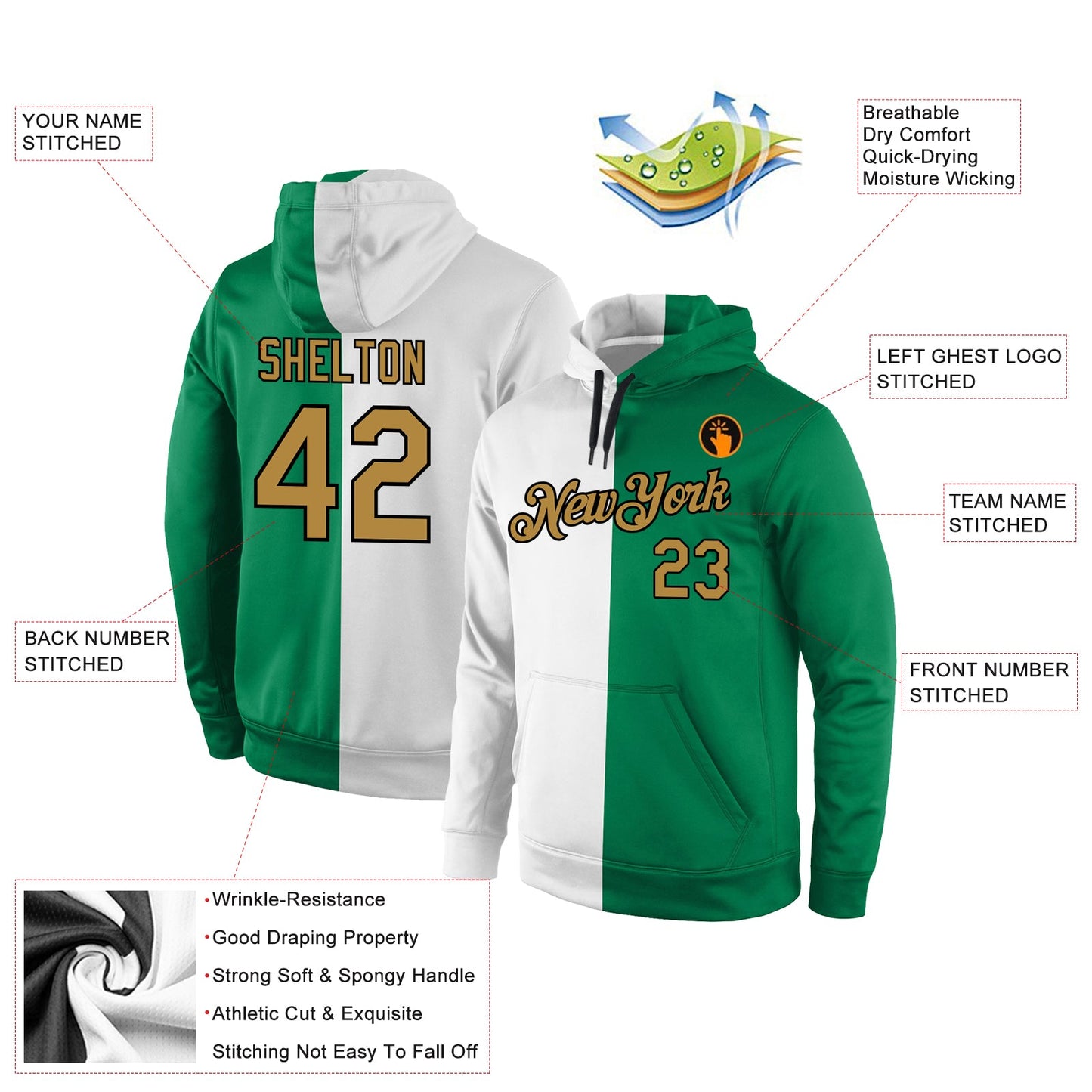 Custom Stitched White Old Gold-Kelly Green Split Fashion Sports Pullover Sweatshirt Hoodie