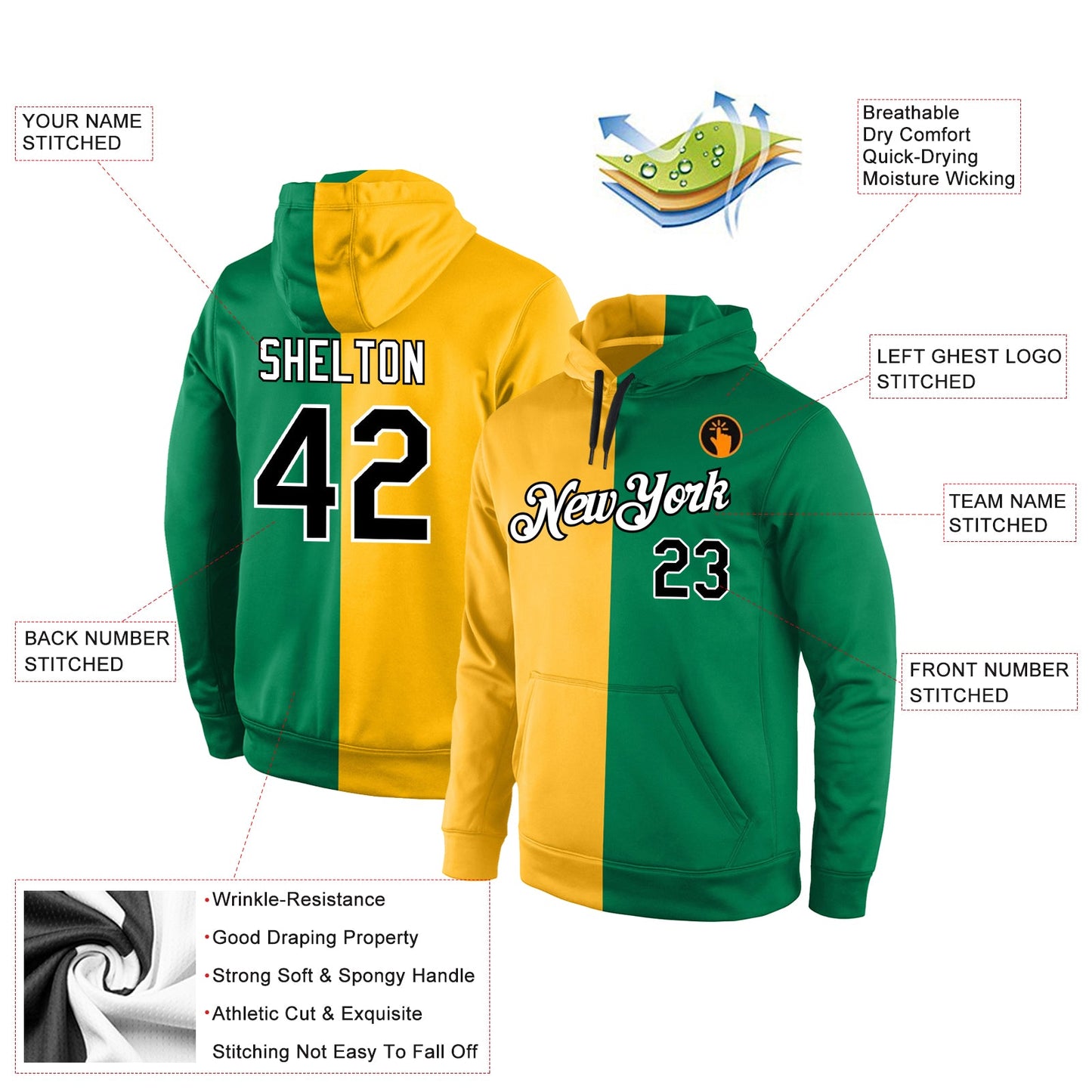 Custom Stitched Gold Black-Kelly Green Split Fashion Sports Pullover Sweatshirt Hoodie