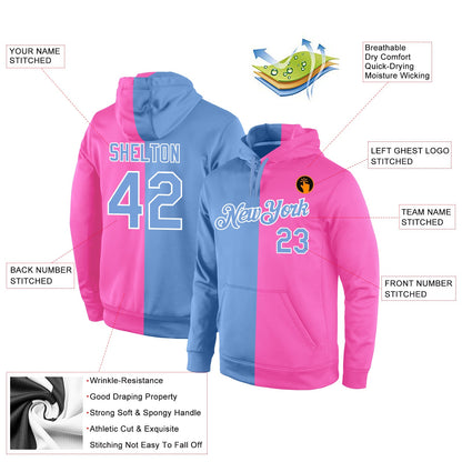 Custom Stitched Pink Light Blue-White Split Fashion Sports Pullover Sweatshirt Hoodie