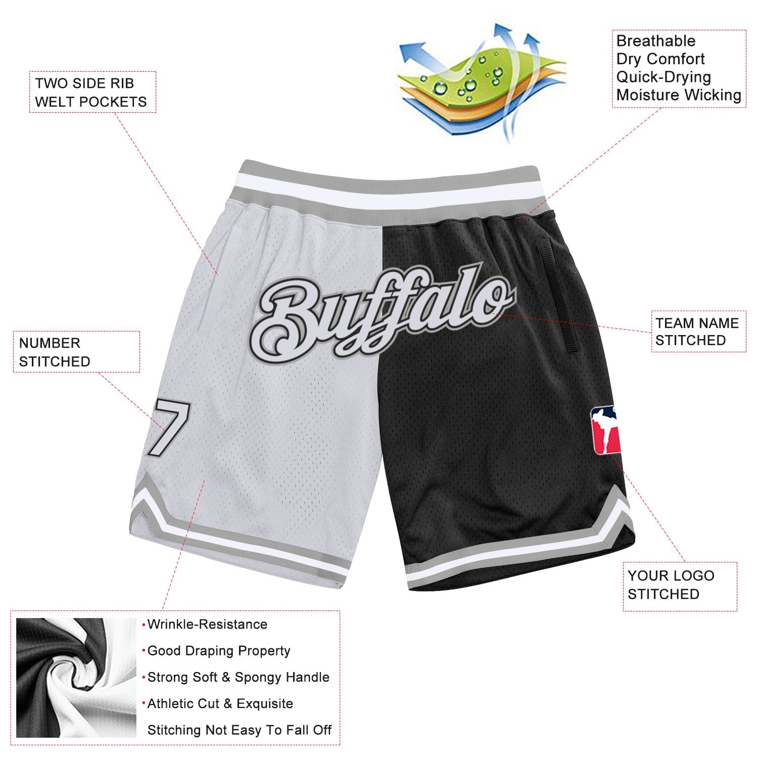 Custom Black White-Gray Authentic Throwback Split Fashion Basketball Shorts