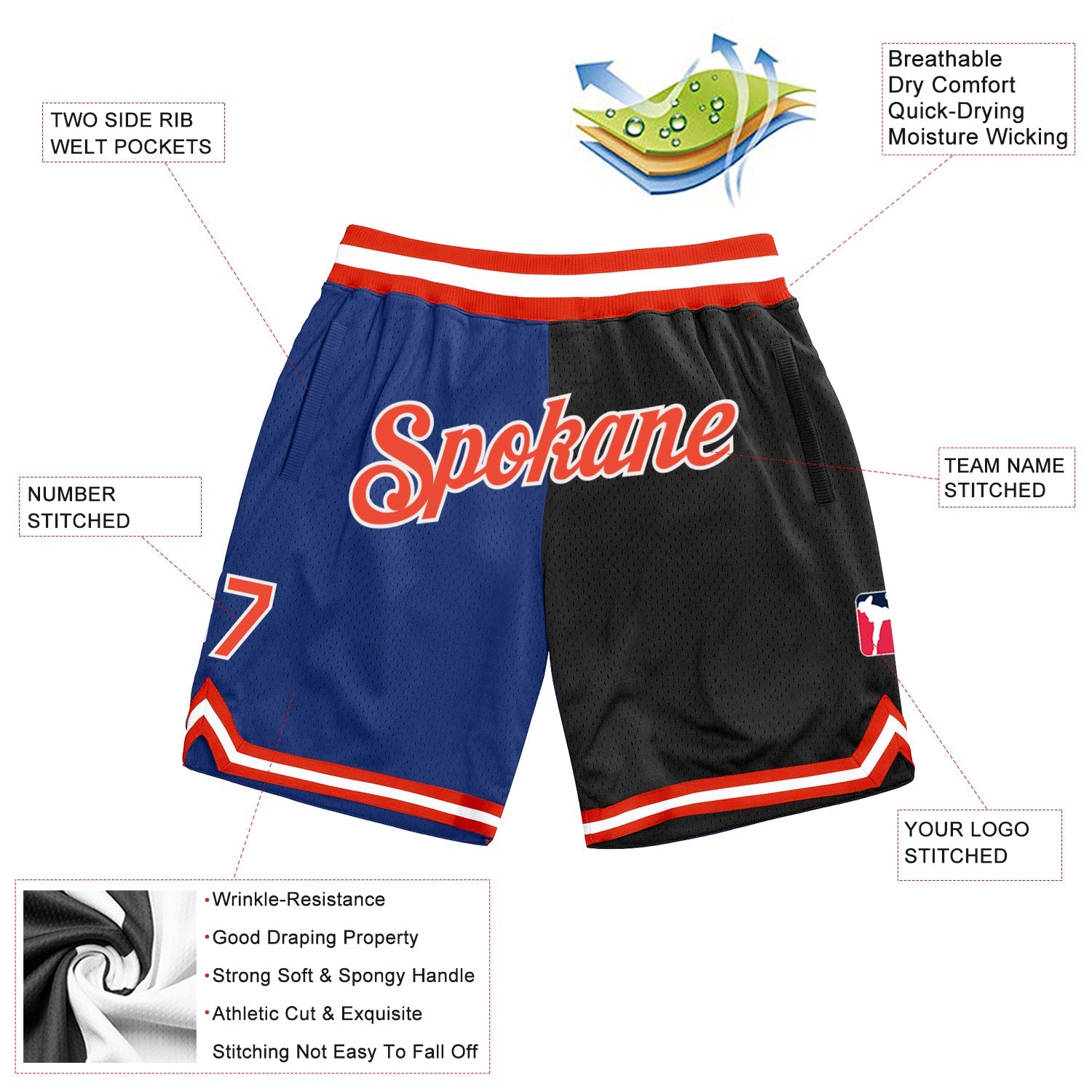 Custom Royal Orange-Black Authentic Throwback Split Fashion Basketball Shorts