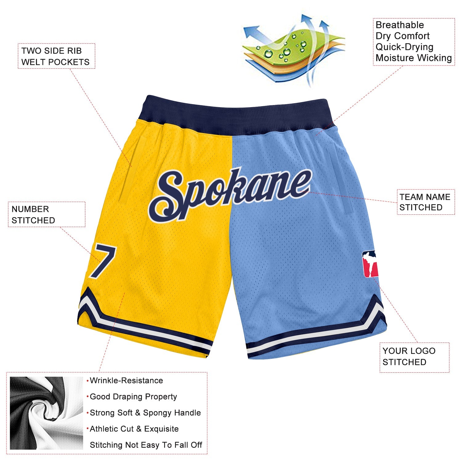 Custom Gold Navy-Light Blue Authentic Throwback Split Fashion Basketball Shorts