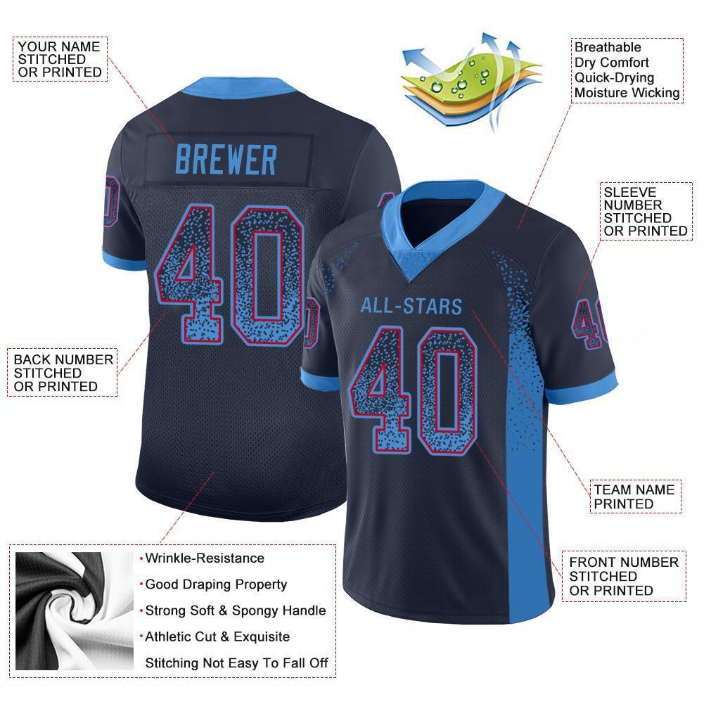Custom Navy Powder Blue-Red Drift Fashion Football Jersey