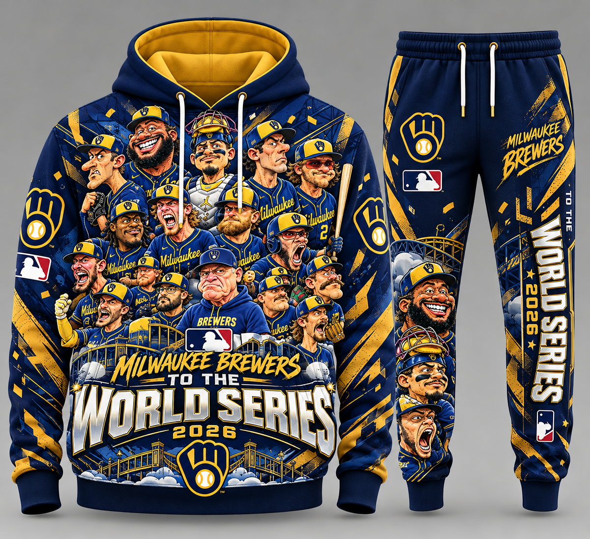 Milwaukee Brewers cartoon World Series 2026 hoodie and sweatpants set, Style 01 navy and gold
