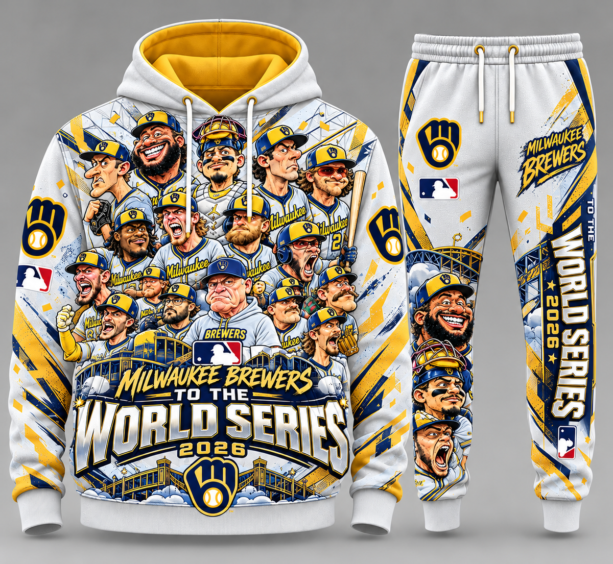 Milwaukee Brewers cartoon World Series 2026 hoodie and sweatpants set, Style 02, white and gold