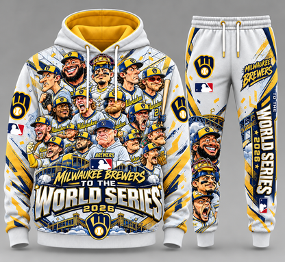 Milwaukee Brewers cartoon World Series 2026 hoodie and sweatpants set, Style 02, white and gold