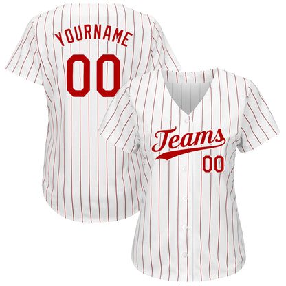 Custom White Red Pinstripe Red-White Authentic Baseball Jersey