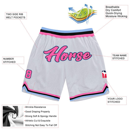 Custom White Pink-Light Blue Authentic Throwback Basketball Shorts