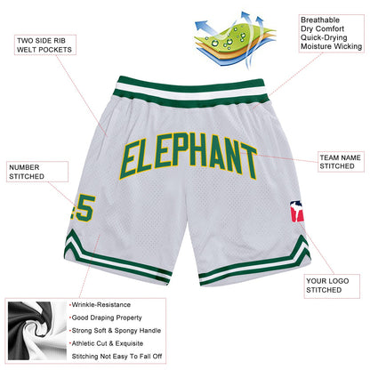 Custom White Kelly Green-Gold Authentic Throwback Basketball Shorts