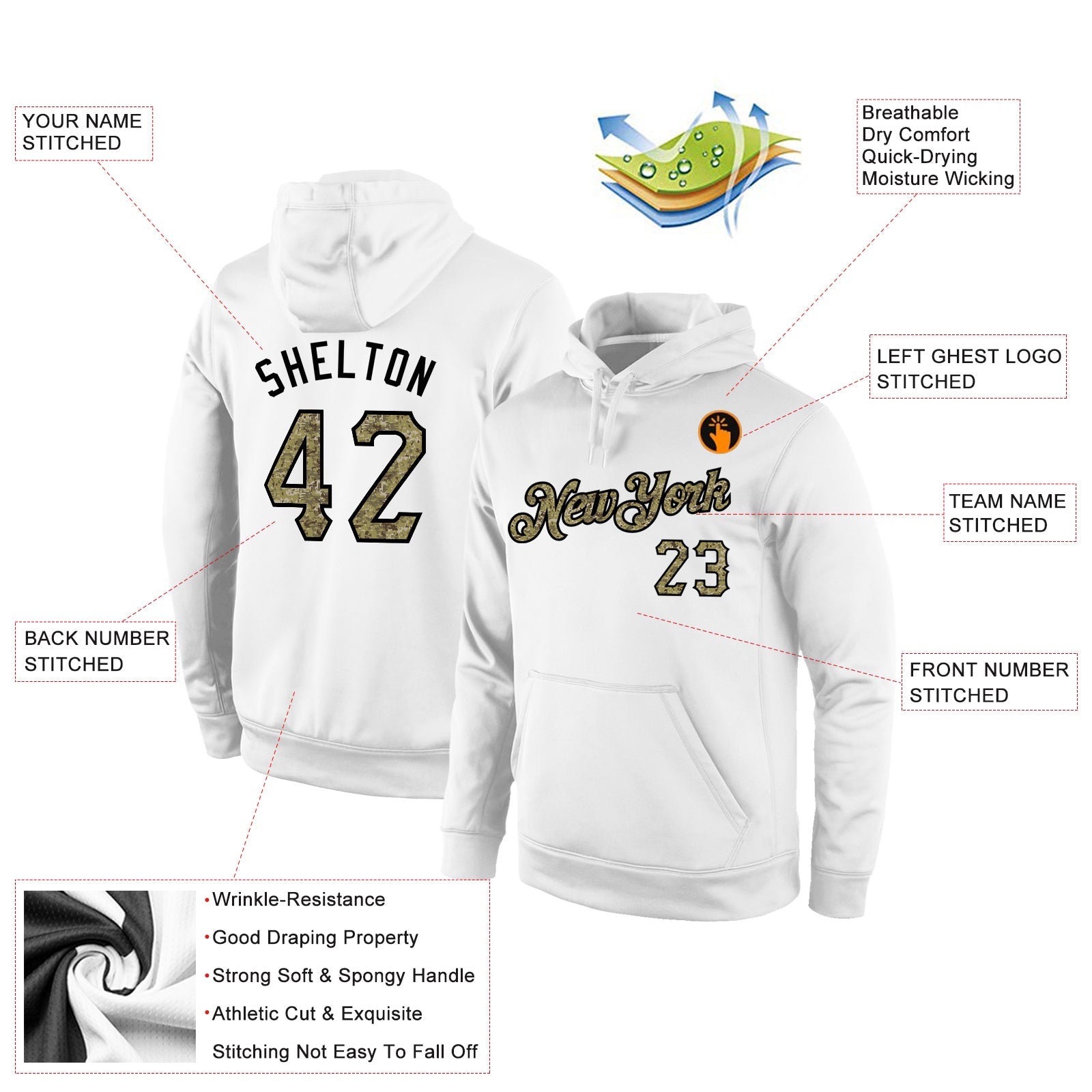 Custom Stitched White Camo-Black Sports Pullover Sweatshirt Hoodie
