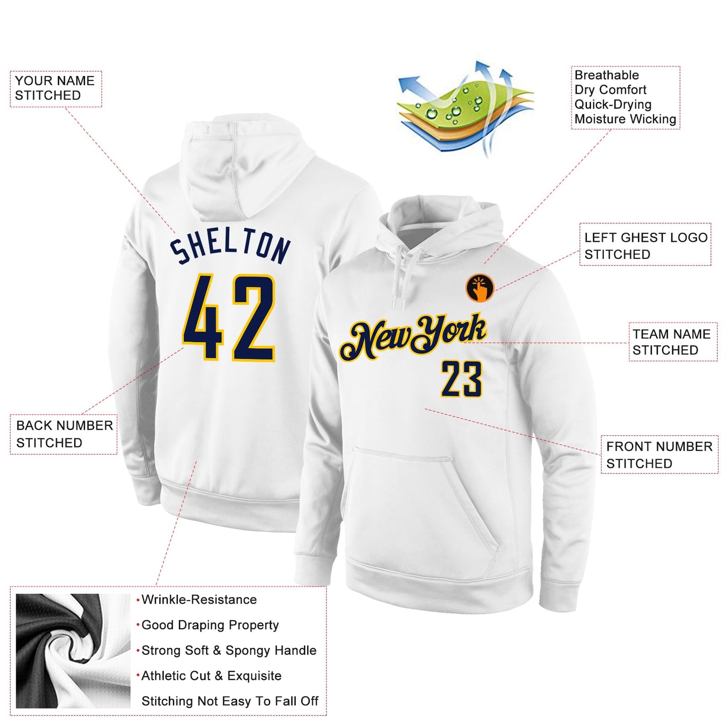 Custom Stitched White Navy-Gold Sports Pullover Sweatshirt Hoodie