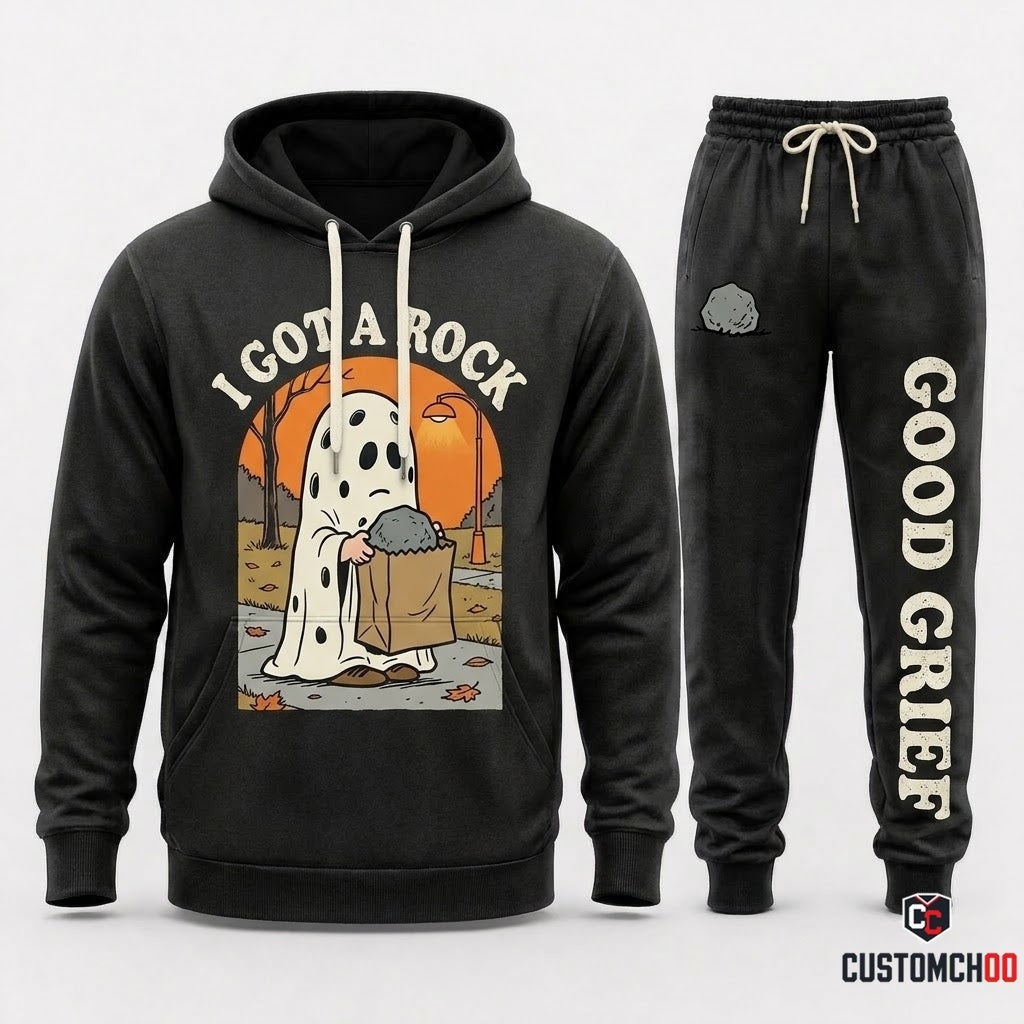 I GOT A ROCK - Snoopy & Woodstock Halloween Squad Hoodie & Pants Set - Vintage Cartoon Streetwear