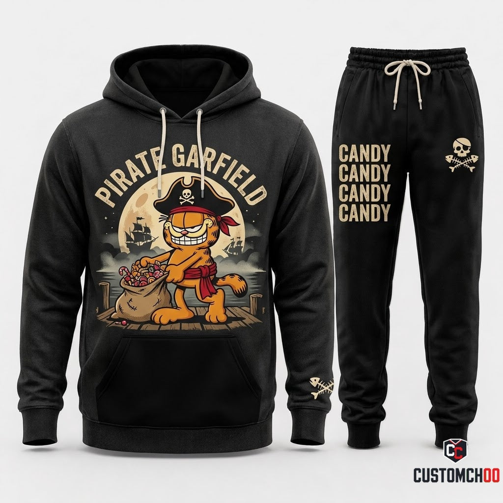 PIRATE GARFIELD - Garfield Halloween Adventure Pirate Hoodie & Pants Set - Vintage Cartoon Streetwear