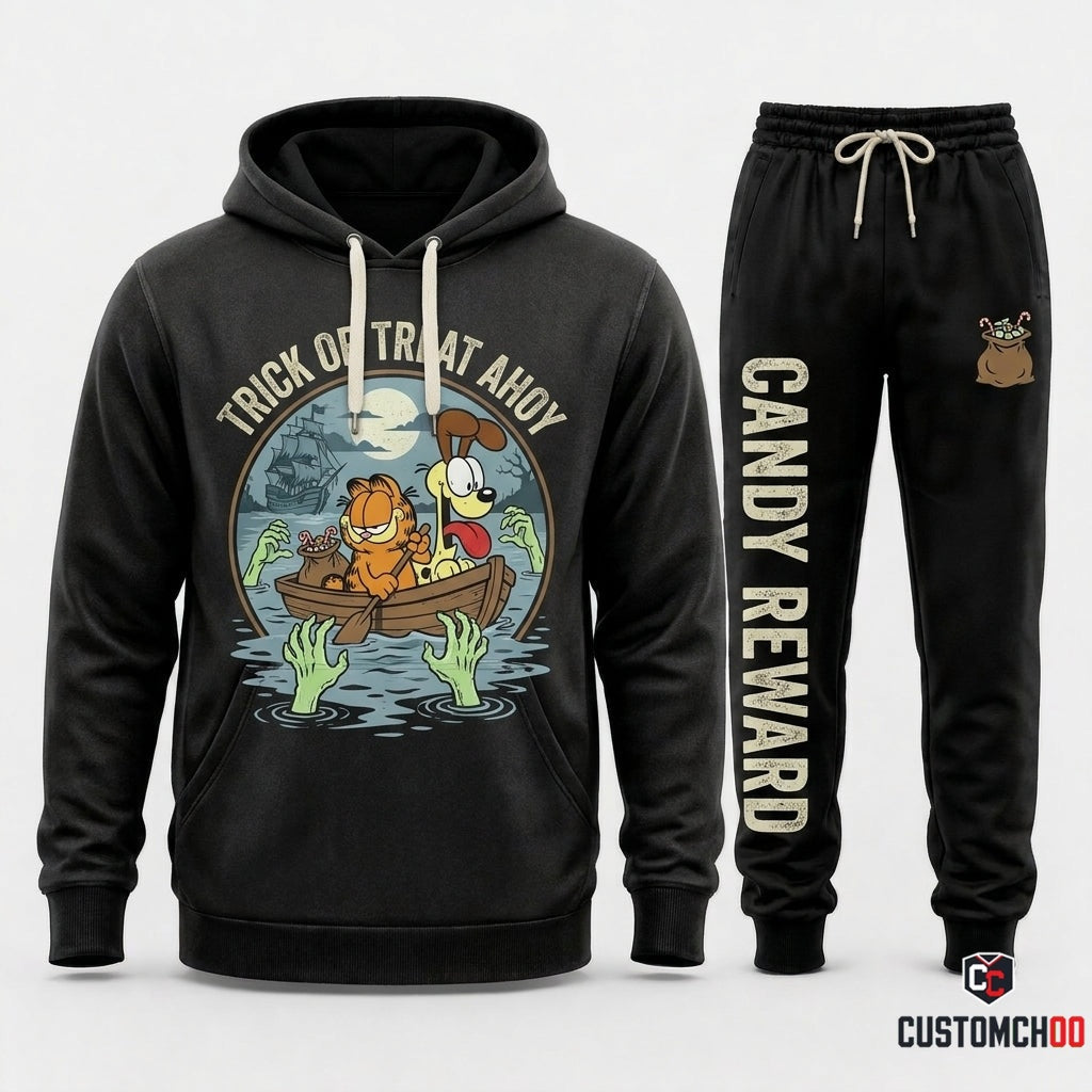 TRICK OR TREAT AHOY - Garfield Halloween Adventure Pirate Hoodie & Pants Set - Vintage Cartoon Streetwear