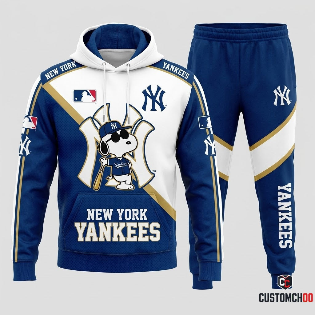 New York Yankees - Snoopy MLB 30-Team Fan Tracksuit Set - Hoodie & Jogger Pants (Snoopy baseball fan tracksuit hoodie and pants set)