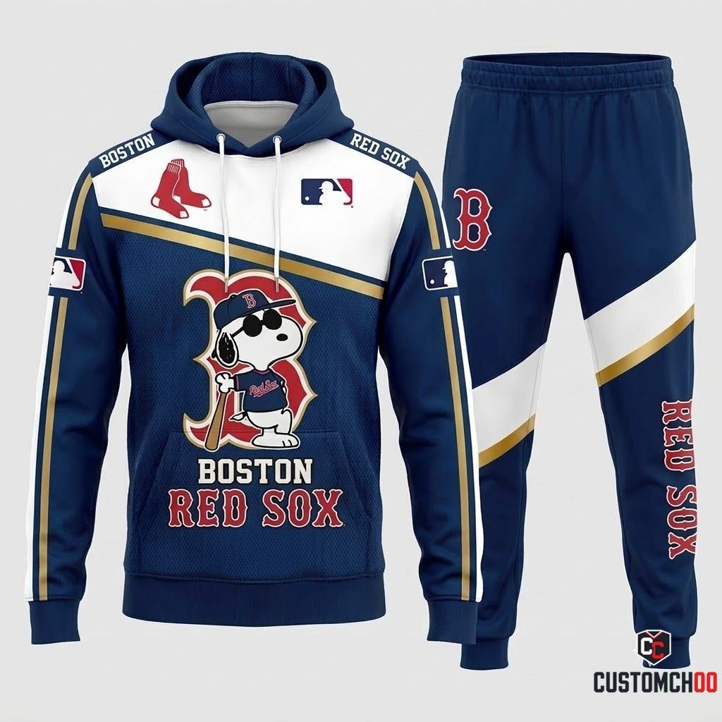 Boston Red Sox - Snoopy MLB 30-Team Fan Tracksuit Set - Hoodie & Jogger Pants (Snoopy baseball fan tracksuit hoodie and pants set)