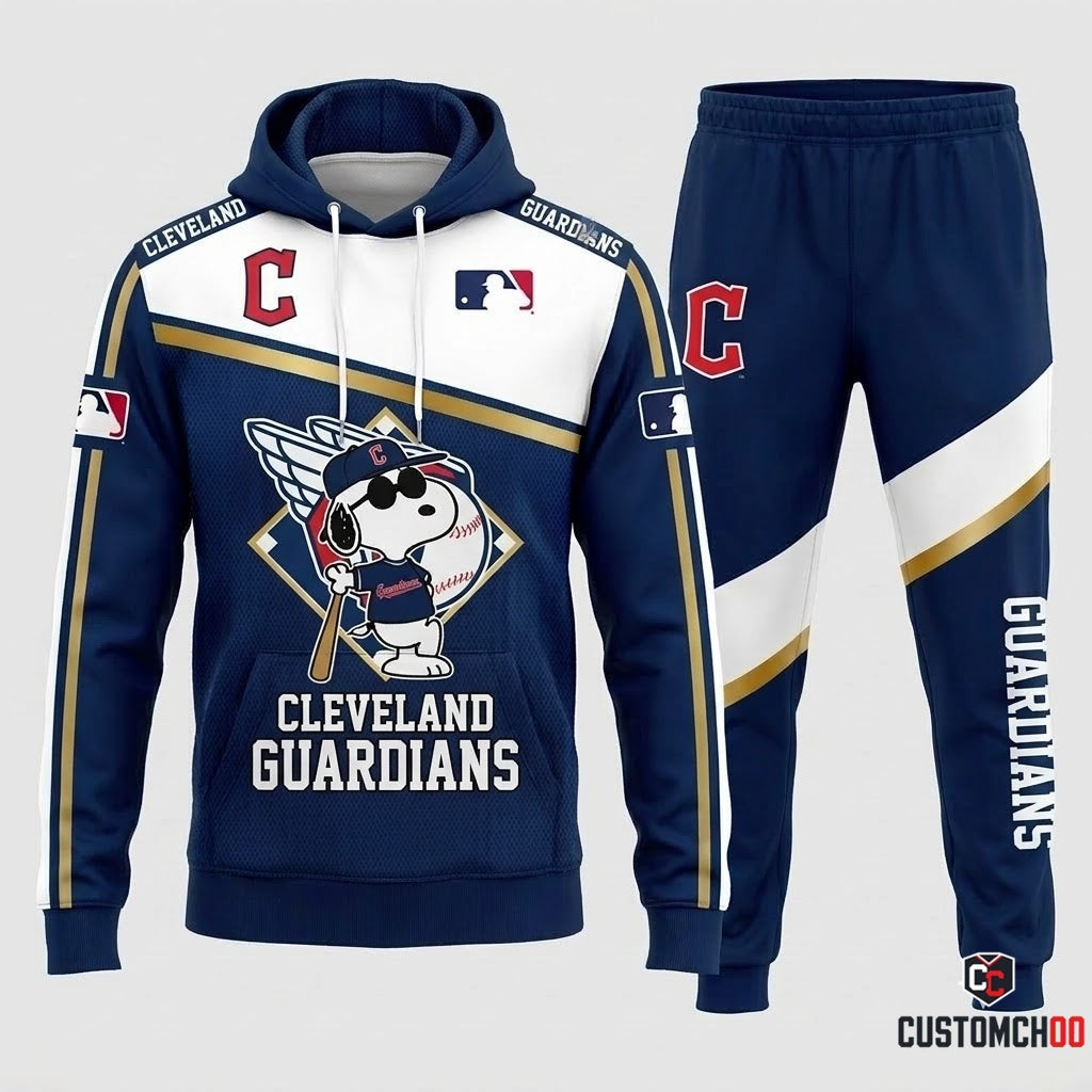 Cleveland Guardians - Snoopy MLB 30-Team Fan Tracksuit Set - Hoodie & Jogger Pants (Snoopy baseball fan tracksuit hoodie and pants set)