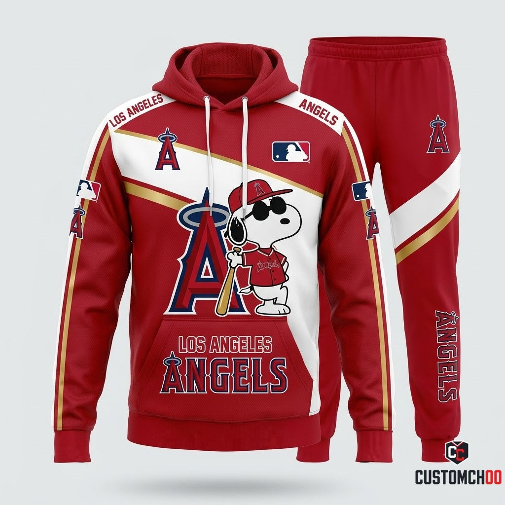 Los Angeles Angels - Snoopy MLB 30-Team Fan Tracksuit Set - Hoodie & Jogger Pants (Snoopy baseball fan tracksuit hoodie and pants set)