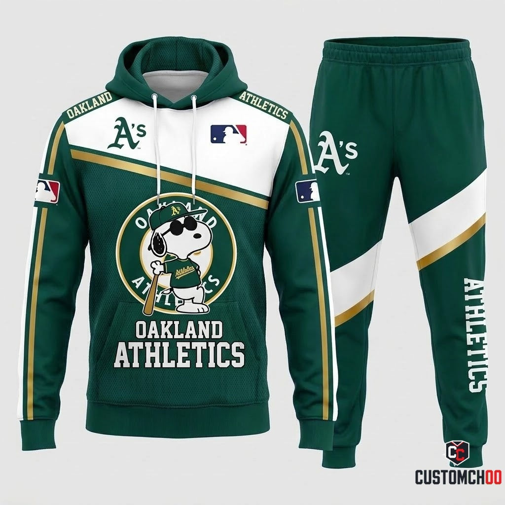 Oakland Athletics - Snoopy MLB 30-Team Fan Tracksuit Set - Hoodie & Jogger Pants (Snoopy baseball fan tracksuit hoodie and pants set)