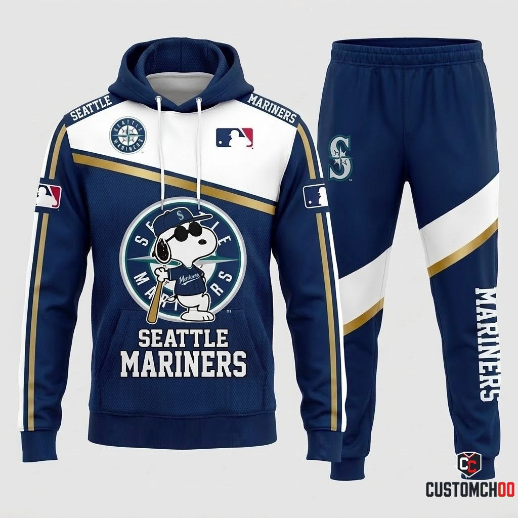 Seattle Mariners - Snoopy MLB 30-Team Fan Tracksuit Set - Hoodie & Jogger Pants (Snoopy baseball fan tracksuit hoodie and pants set)