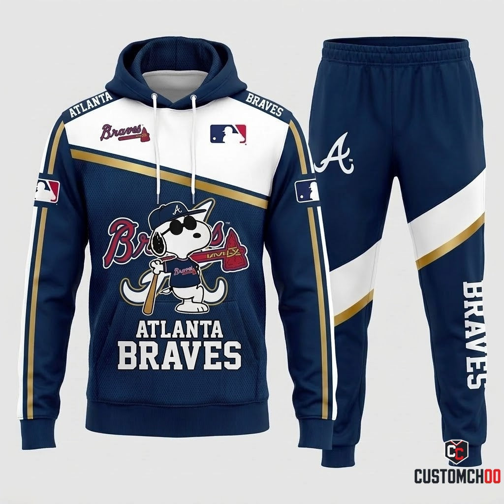 Atlanta Braves - Snoopy MLB 30-Team Fan Tracksuit Set - Hoodie & Jogger Pants (Snoopy baseball fan tracksuit hoodie and pants set)