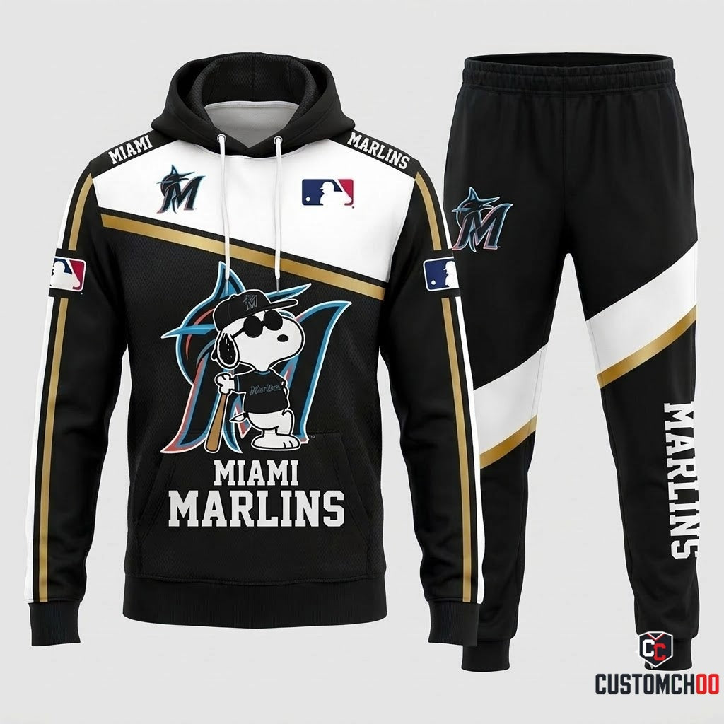 Miami Marlins - Snoopy MLB 30-Team Fan Tracksuit Set - Hoodie & Jogger Pants (Snoopy baseball fan tracksuit hoodie and pants set)