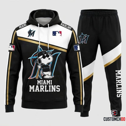 Miami Marlins - Snoopy MLB 30-Team Fan Tracksuit Set - Hoodie & Jogger Pants (Snoopy baseball fan tracksuit hoodie and pants set)