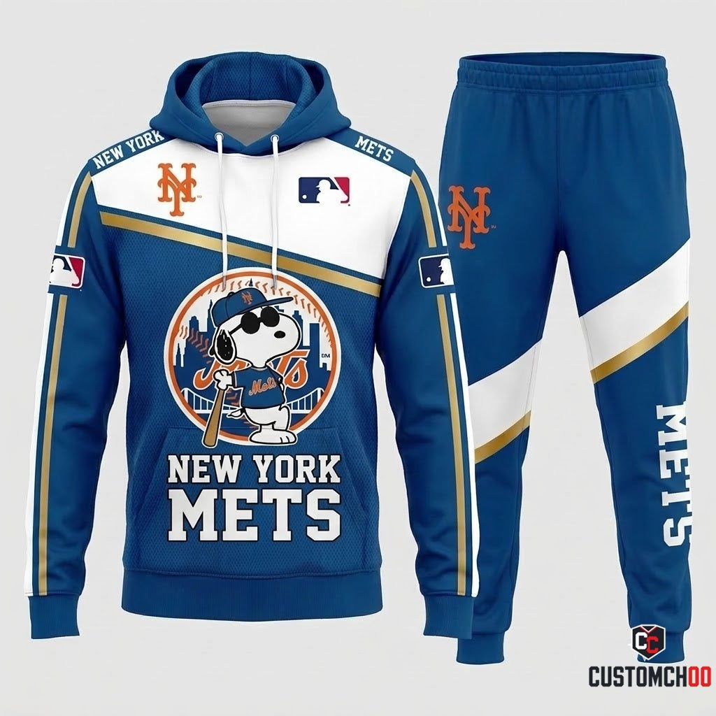 New York Mets - Snoopy MLB 30-Team Fan Tracksuit Set - Hoodie & Jogger Pants (Snoopy baseball fan tracksuit hoodie and pants set)