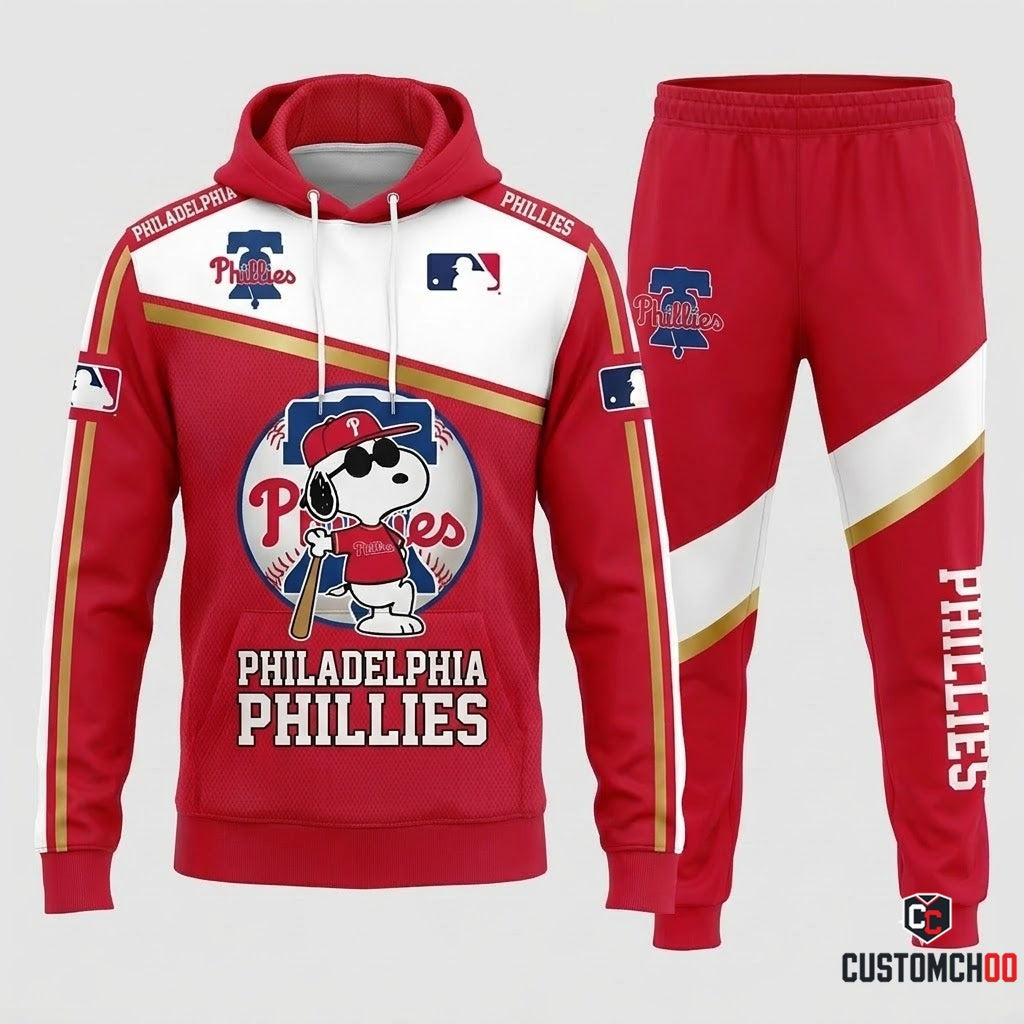 Philadelphia Phillies - Snoopy MLB 30-Team Fan Tracksuit Set - Hoodie & Jogger Pants (Snoopy baseball fan tracksuit hoodie and pants set)