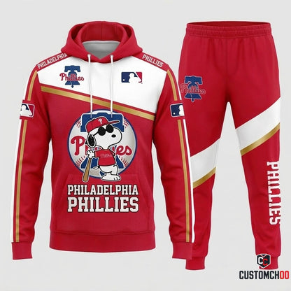Philadelphia Phillies - Snoopy MLB 30-Team Fan Tracksuit Set - Hoodie & Jogger Pants (Snoopy baseball fan tracksuit hoodie and pants set)