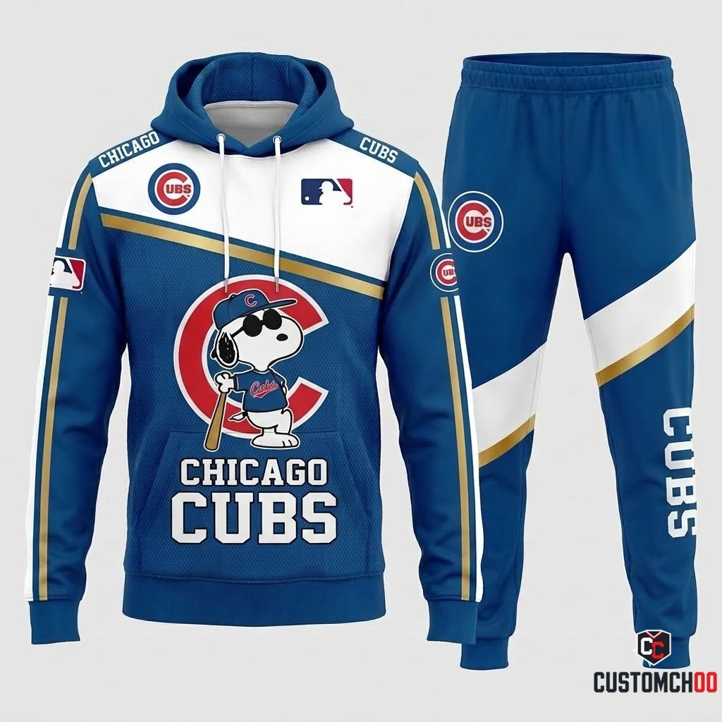 Chicago Cubs - Snoopy MLB 30-Team Fan Tracksuit Set - Hoodie & Jogger Pants (Snoopy baseball fan tracksuit hoodie and pants set)