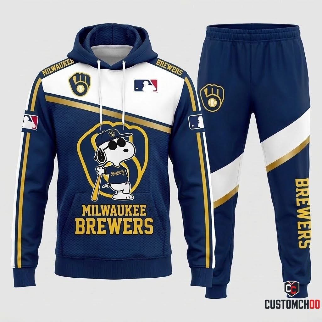 Milwaukee Brewers - Snoopy MLB 30-Team Fan Tracksuit Set - Hoodie & Jogger Pants (Snoopy baseball fan tracksuit hoodie and pants set)