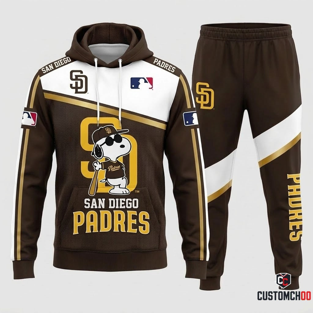 San Diego Padres - Snoopy MLB 30-Team Fan Tracksuit Set - Hoodie & Jogger Pants (Snoopy baseball fan tracksuit hoodie and pants set)
