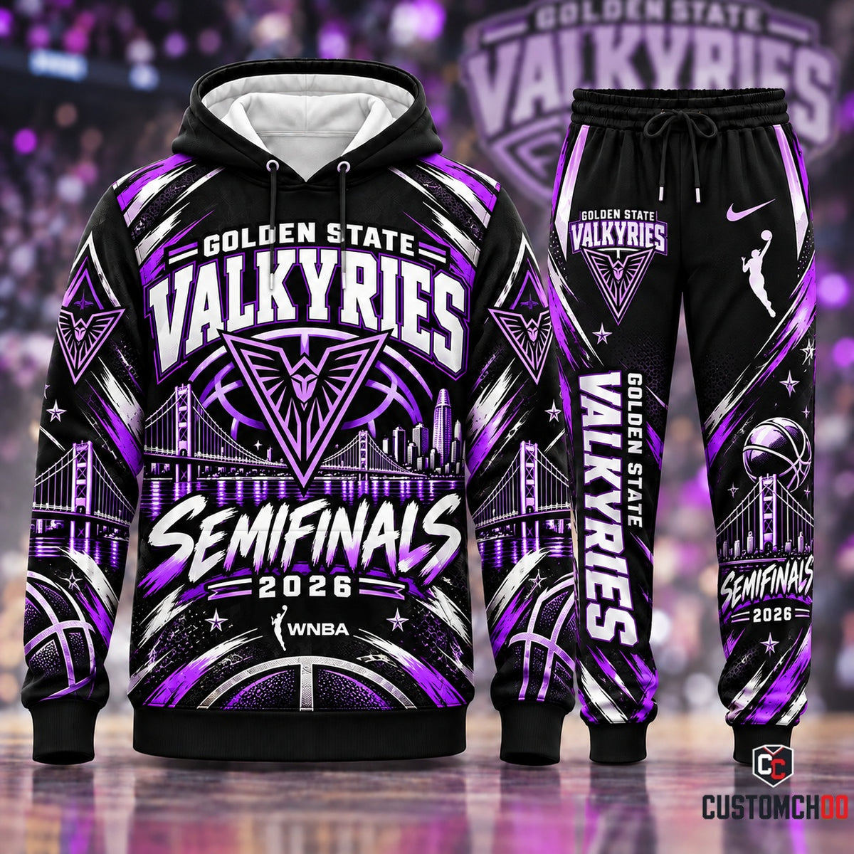 Golden State Valkyries neon violet semifinals edition streetwear hoodie and joggers fan set - front view